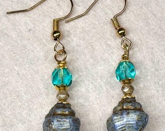 Conch Shell Earrings with Czech Glass Beads, Gold Plated Hooks