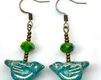 Blue Green Bird Earrings