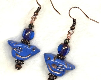 Bluebird Earrings with Czech Glass Beads and Copper Detailing – Boho Chic Style