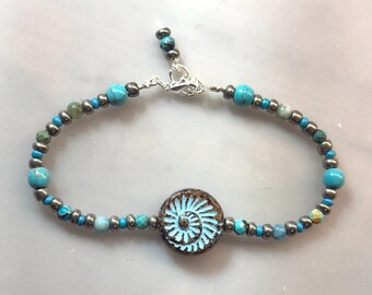 Ammonite Fossil Turquoise Beaded Bracelet – Adjustable Silver Clasp