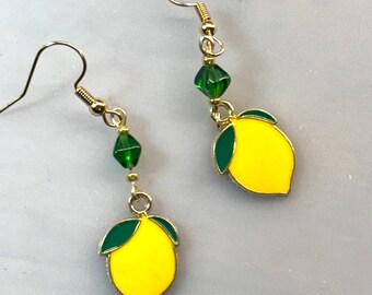 Lemon Earrings, Green Beads
