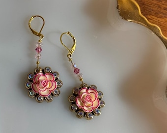 Rose Drop Earrings, Crystal and Glass Beads, 18k Gold Plated Hooks