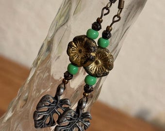 Monstera Leaf Earrings, Bronze Tropical Charm, Czech Glass Beads, Nickel-Free Hooks