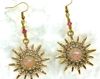 Starburst Earrings, Opal-like Stone, 18k Gold Plated