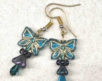 Blue Butterfly Bell Flower Earrings with Czech Glass Beads