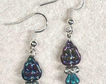 Bluebell Flower Earrings with Green Leaf Czech Glass Beads – Silver Plated Hooks