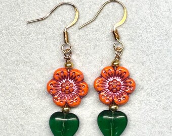 Sweet Green Heart & Coral.   Flower Earrings