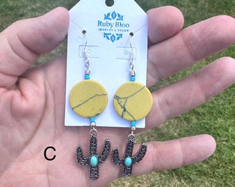 Handcrafted Cactus Earrings with Turquoise Beads, Silver Plated Hooks