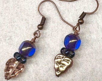 Copper & Blue Leaf Earrings
