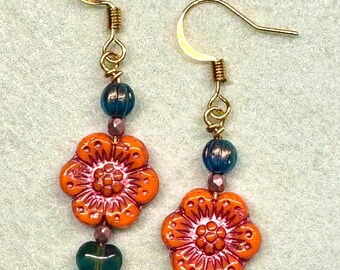 Sweet Bloo Heart & Coral  Flower Earrings