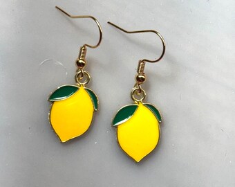 Vibrant Enameled Lemon Earrings, 18k Gold Plated Hooks