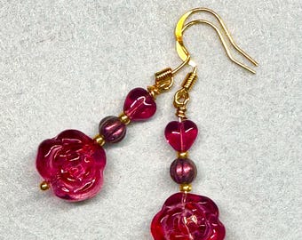 Ruby Red Rose & Heart Earrings