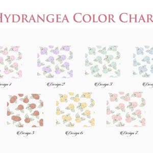 May include: A color chart titled "HYDRANGEA COLOR CHART" displays seven hydrangea floral patterns. Each design features a different color scheme, including pink, purple, green, blue, rust, yellow, and a lighter pink, all set against a white background.