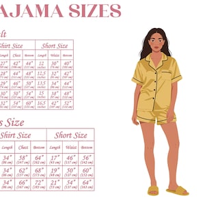 May include: A woman in a yellow pajama set with black trim and matching slippers stands next to a size chart. The chart lists shirt and short sizes for adult and plus sizes, with measurements in inches and centimeters.
