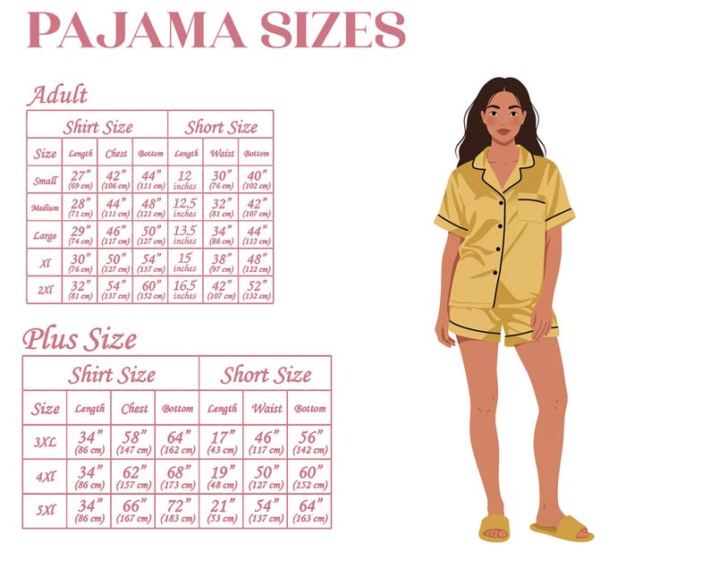 May include: A woman in a yellow pajama set with black trim and matching slippers stands next to a size chart. The chart lists shirt and short sizes for adult and plus sizes, with measurements in inches and centimeters.