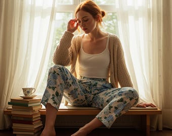 Hydrangea Floral Lounge Pants for Women, Soft Rayon Fabric Sleep Bottoms, Comfy Pajama Pants, Relaxed Fit, Lightweight Home wear Gift