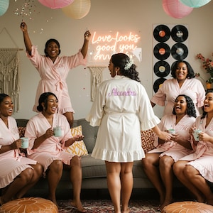Team Bride Robes with Ruffle, Satin Ruffle Robes, Personalized Robes, Customized Ruffle Robe, Bridesmaid Robes Bachelorette Robe for Wedding
