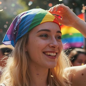 May include: A smiling person wearing a rainbow-colored bandana. The bandana features the colors of the rainbow: red, orange, yellow, green, blue, and purple. A rainbow flag is visible in the background.