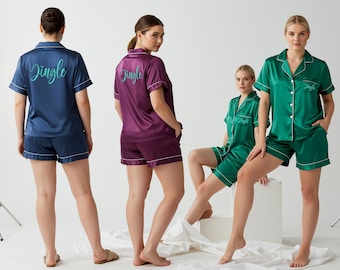Bridal Pajamas set, Plus Size Pajama Set, Satin Short Pajama Set, Bridesmaid Pajama, Bachelorette Party Gifts for Bridesmaid, Bride Pyjamas
