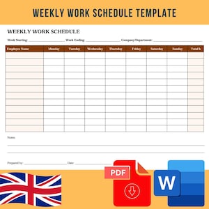 Könnte beinhalten: Eine druckbare Wochenarbeitsplanvorlage mit einer hellbraunen Kopfzeile mit der Aufschrift "WEEKLY WORK SCHEDULE TEMPLATE". Der Zeitplan enthält Felder für Mitarbeiternamen und tägliche Stunden. Enthält PDF- und Word-Dokument-Symbole.