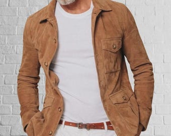 Men's Tan Suede Sheepskin Blazer: Custom Fit Leather Jacket