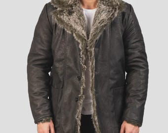 Men’s Furlong Black Leather Coat – Long Winter Trench with Fur Lining