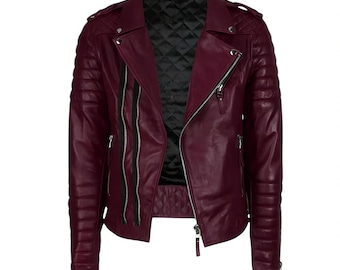 Abrigo de motociclista para hombre, de corte ajustado, acolchado en piel de cordero auténtica color burdeos.