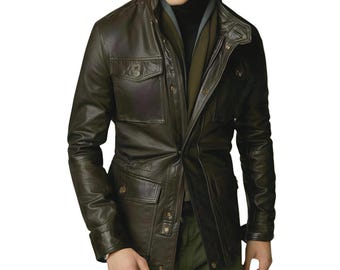 Mens Brown Leather Long Coat – Vintage Racer Style Genuine Leather Trench Jacket