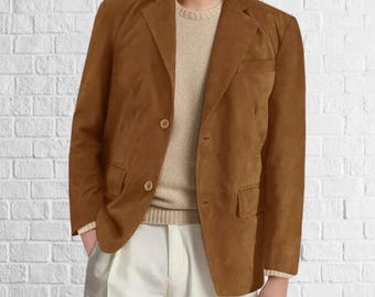 Mens Handmade Tan Suede Sheepskin Leather Blazer Jacket – Party & Casual Wear Gift
