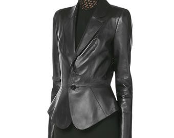 Handmade Lambskin Leather Blazer, Women's Tailored Black Jacket