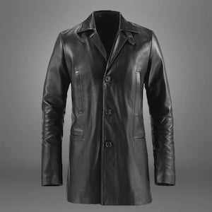 Men&#39;s Genuine Lambskin Leather Long Coat: Black Button-Up Winter Jacket