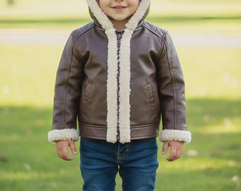Chaqueta de piel sintética con capucha para niños / Abrigo de piel de oveja de invierno para niños / Chaqueta cálida con cremallera en negro y marrón