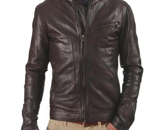 Handmade Mens Brown Leather Cafe Racer Jacket – Slim Fit Biker Coat