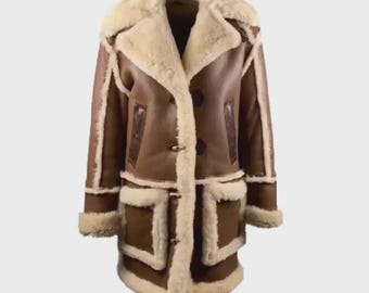 Brown Shearling Overcoat | Men’s Sheepskin Leather Winter Trench Coat XS–5XL