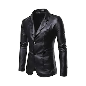 Men&#39;s Slim Fit Lambskin Leather Blazer: Black Biker Jacket