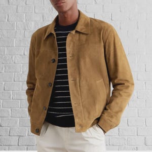 Basic Men's Sheepskin Suede Leather Jacket Biker TAN Custom Size Designer Button Coat