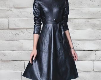 Genuine Lambskin Leather Dress, Vintage Style Party Outfit