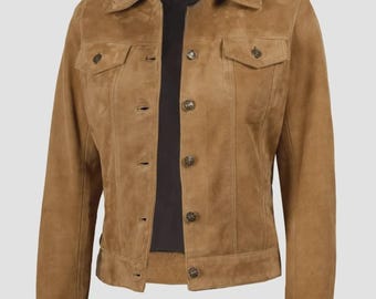 Women’s Light Brown Suede Trucker Jacket – Handmade Casual Leather Jacket, Stylish & Comfortable Everyday Wear