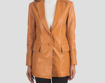 Manteau blazer en cuir pour femme - Veste longue en cuir véritable noir et marron