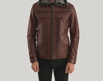 Men’s Brown Fur Leather Jacket – Real Shearling Bomber for Winter
