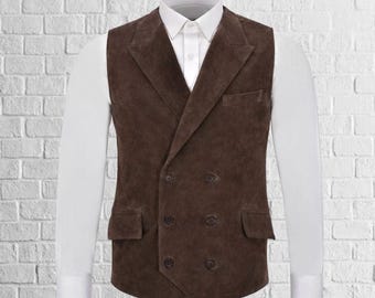 Mens Suede Leather Waistcoat – Genuine Brown Western Cowboy Vest, Classic Sleeveless Jacket