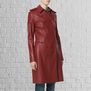 Red Lambskin Leather Long Coat: Women&#39;s Designer Party Jacket