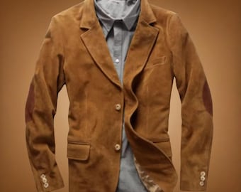 New Men's Genuine Tan Suede Real Leather Blazer BUTTON Coat Jacket Classic