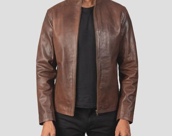Jaqueta de couro masculina – Jaqueta de couro bovino slim fit feita à mão, peça de roupa casual e streetwear.