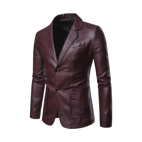 Dark Red Lambskin Leather Blazer: Men's Celebrity Style Smart Casual Coat