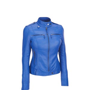 Blue Lambskin Leather Biker Jacket: Slim Fit Motorcycle Style