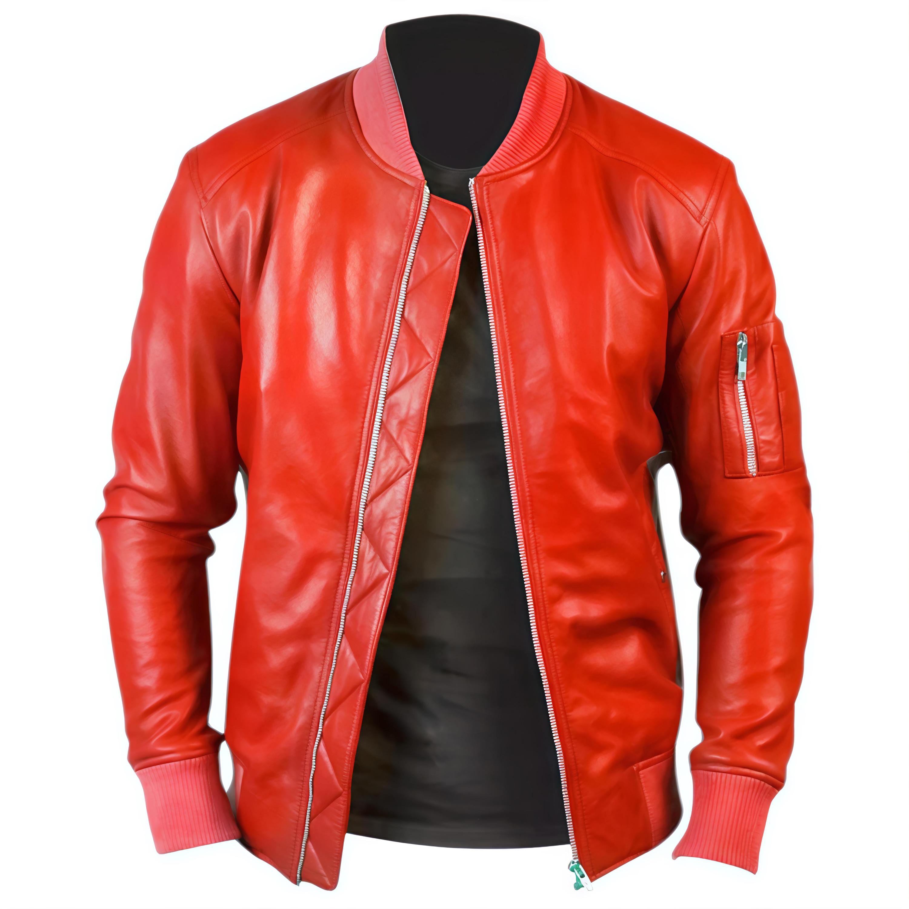 オレンジラムスキンレザーバイカージャケット：スリムフィットボンバー