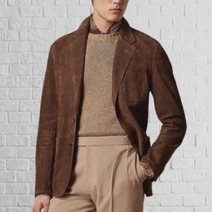 Chaqueta blazer de piel de oveja y ante marrón para hombre: abrigo clásico de lujo, prenda cálida para el invierno.