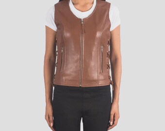 Leather Biker Vest – Women’s Sleeveless Motorcycle Jacket – Classic Moto Riding Vest