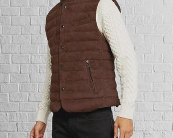 Mens Brown Suede Leather Waistcoat – Western Vest, Classic Sleeveless Jacket